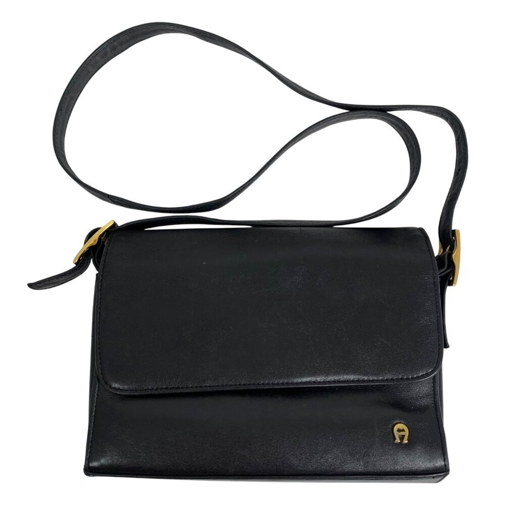 Etienne Aigner Front Flap Black Leather Crossbody Shoulder Bag Buckle Straps Y2K